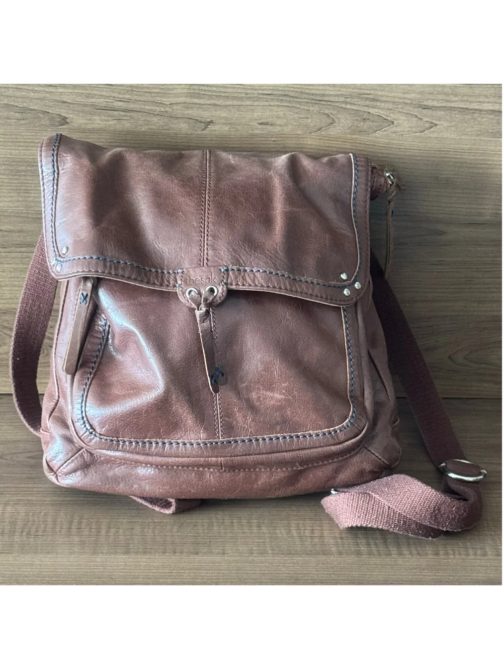 The Sak Brown Leather Distress Convertible Backpack Boho Crossbody Bag Foldover